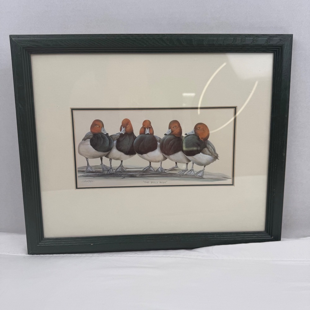 The Bully Boys Redhead Duck Wildlife Art Print Framed Dark Green Wood 19x15
